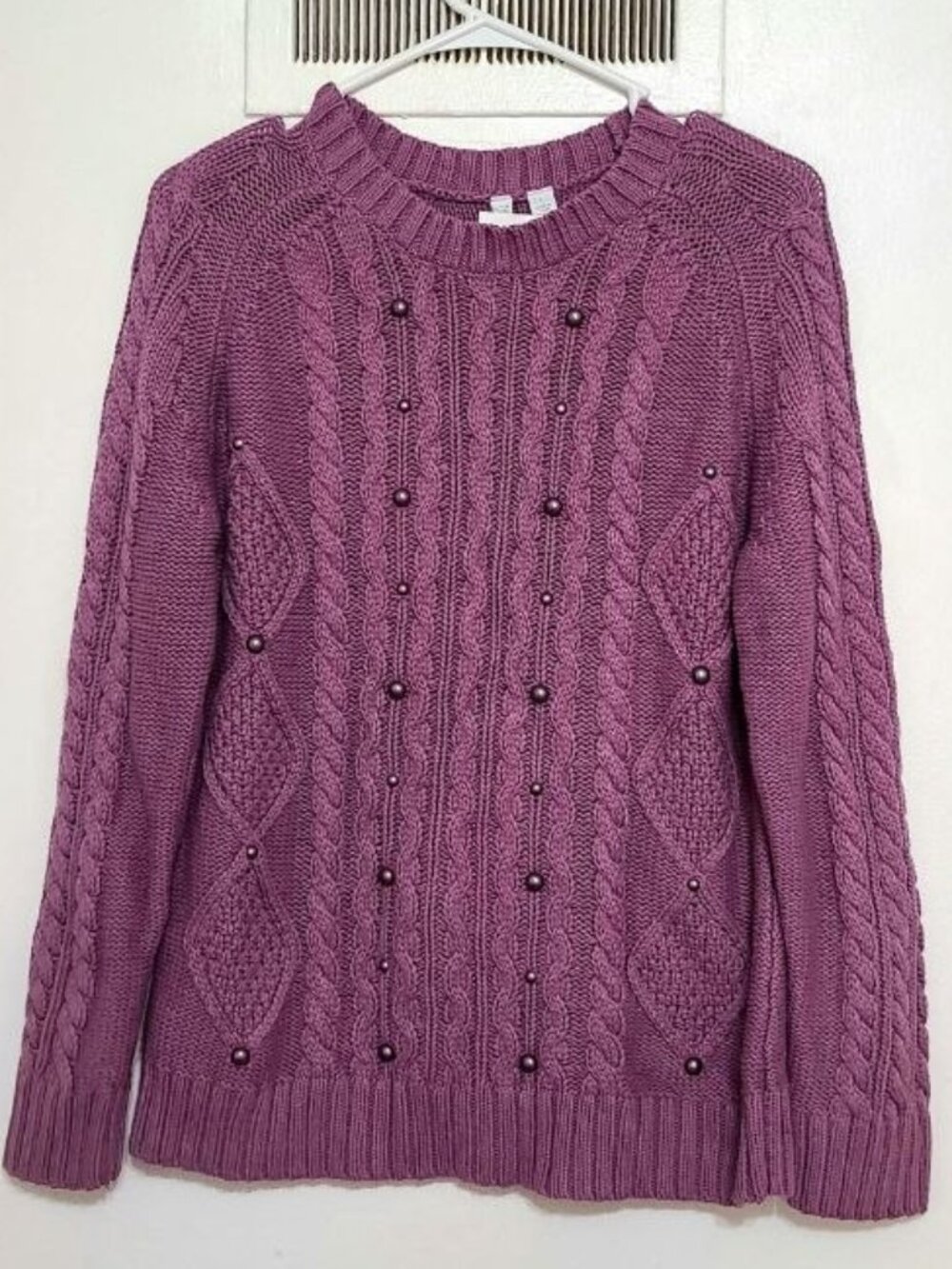 Purple Cable‑Knit Beaded Sweater